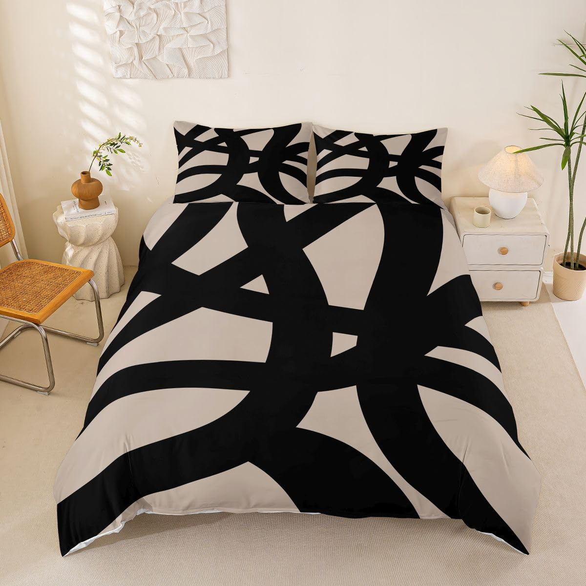jejeloiu Black and Beige Bedding Set King Size Geometric Modern Comforter Cover Set for Kids Teens Adults Abstract Neutral Art Duvet Cover Abstarct Art Room Decorations 3Pcs with 2 Pillow Cases