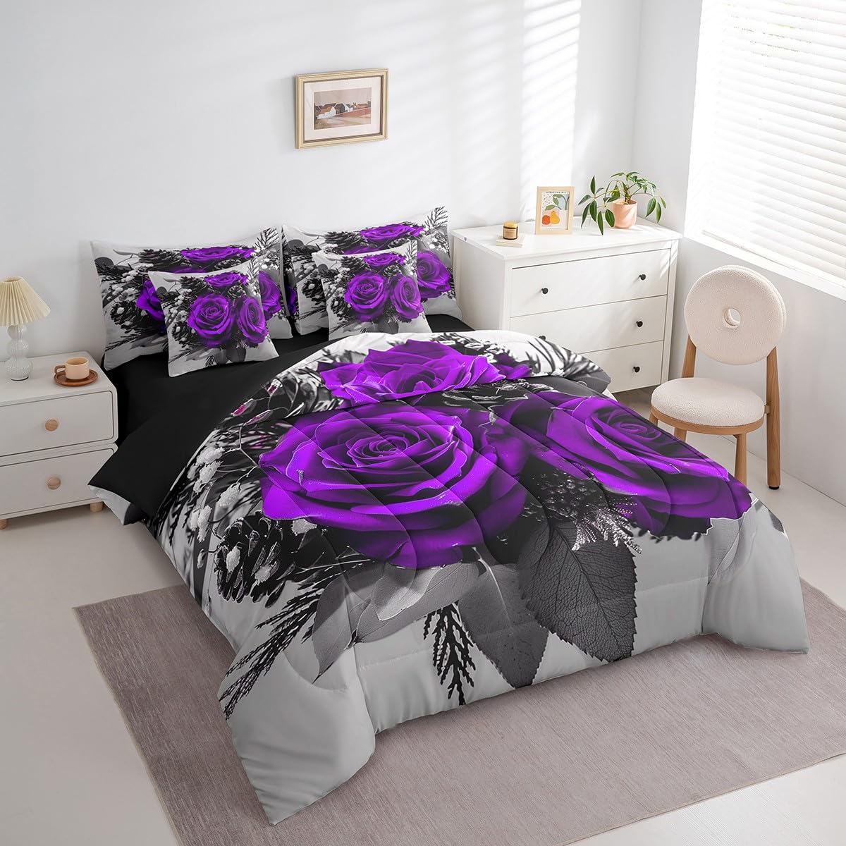 Erosebridal Rose Floral 7 Pcs Bed in a Bag Full Size,Girls Women Purple Rose Comforter Set,Romantic Botanical Flowers Fitted Sheet,Famrhouse Style Bedding,3D Printed Blossom Quilt Set Reversible
