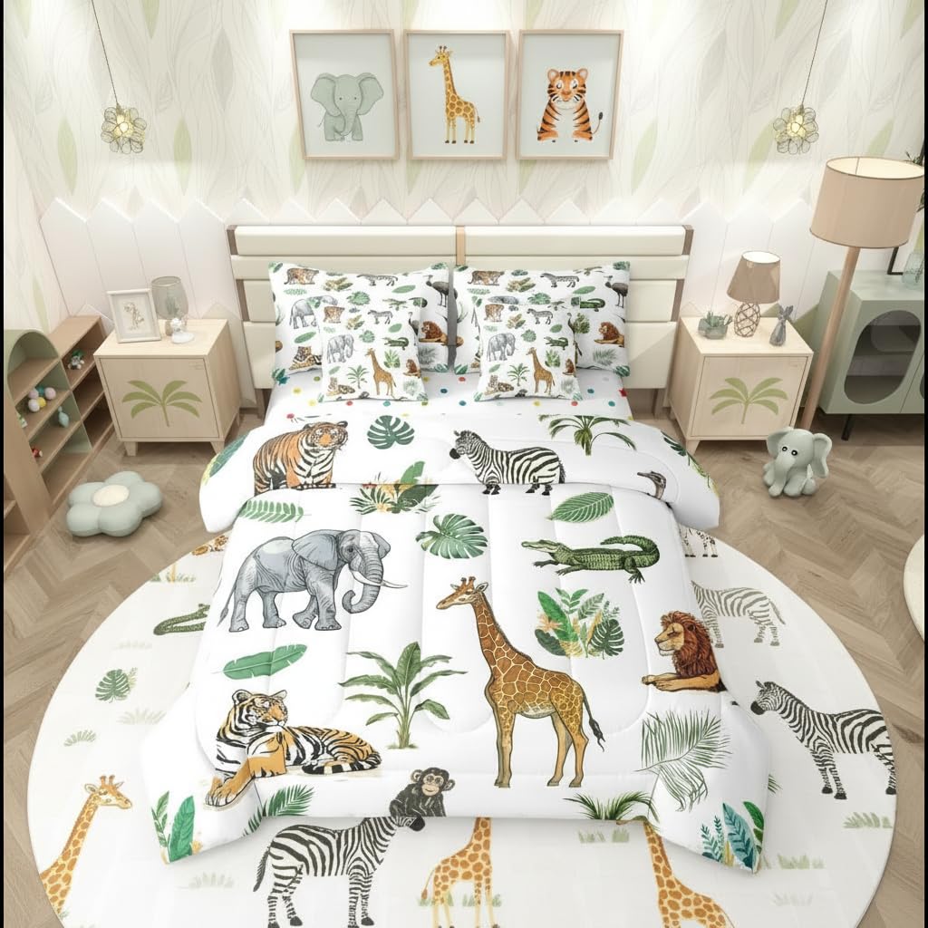 Erosebridal Wild Animal Kids Bed in A Bag Twin 7 Piece Cartoon Elephant Giraffe Comforter Set Safari Animals Bedding Sets for Kids Crocodile Tiger Zebra Palm Tree Tropical Sheet Set with Comforter