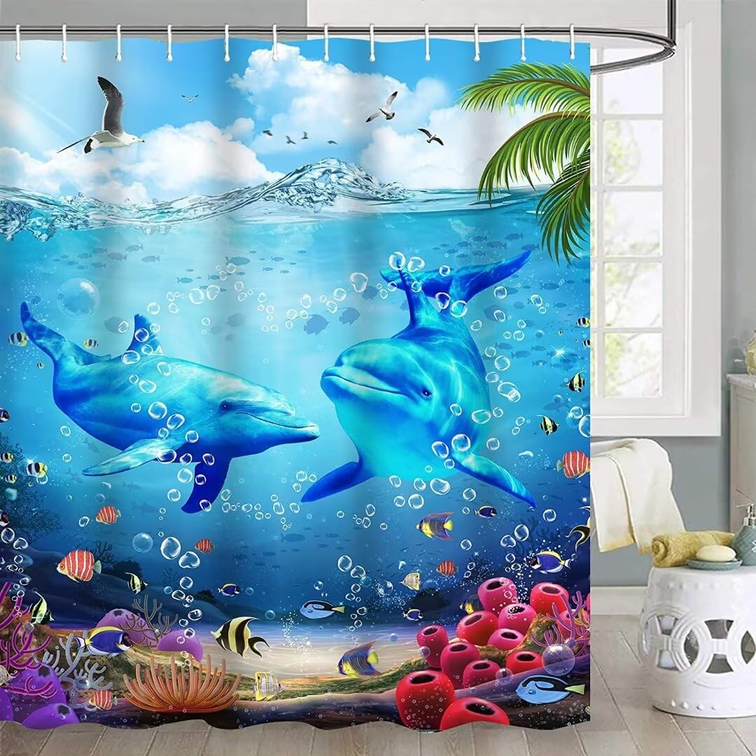Yddsky 4Pcs Blue Ocean Dolphin Shower Curtain Sets with Rugs, Toilet Lid Cover and Bath Mat, Bathroom Shower Curtains Bathroom Decor Set