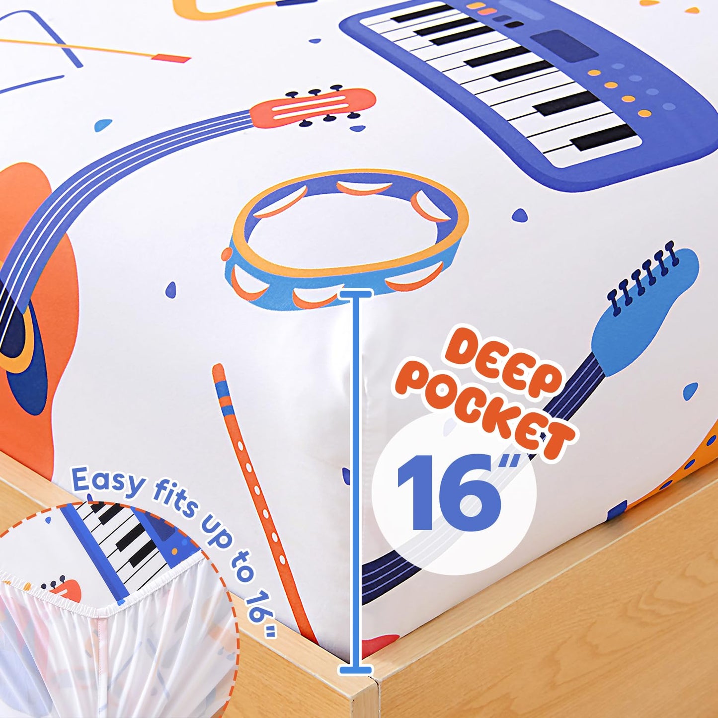 Homilay Full Sheet Set Kids - Guitar Sachs Keyboard Drum 4 Pieces Soft Microfiber Cartoon Style Bedsheets for Boys Girls Teens, Oeko TEX Breathable 15 Inch Deep Pocket Sheets(Musicians)