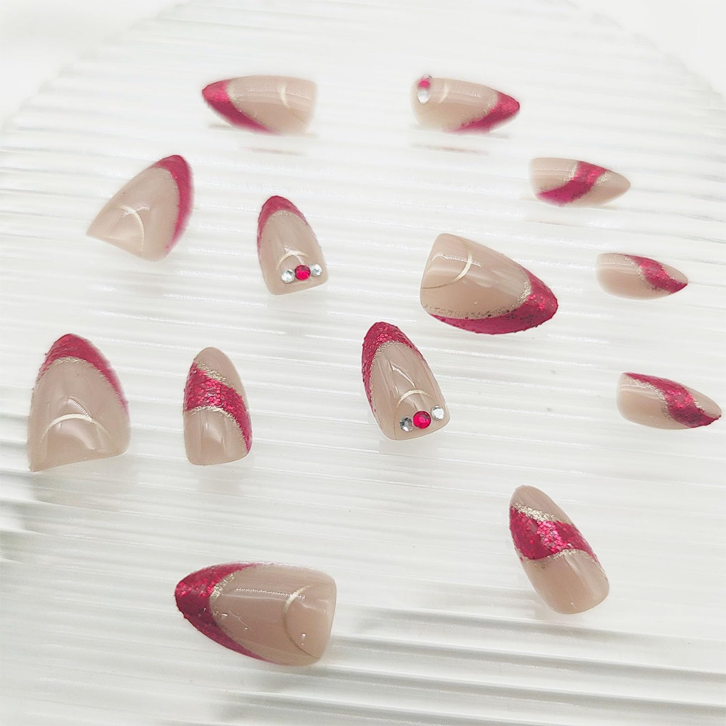 French Tip Press on Nails Short Almond Fake Nails Red Gold Foil Stripes Rhinestone Glitter Stick on Nails Reusable Full Cover with Jelly Glue False Nail for Women 24Pcs