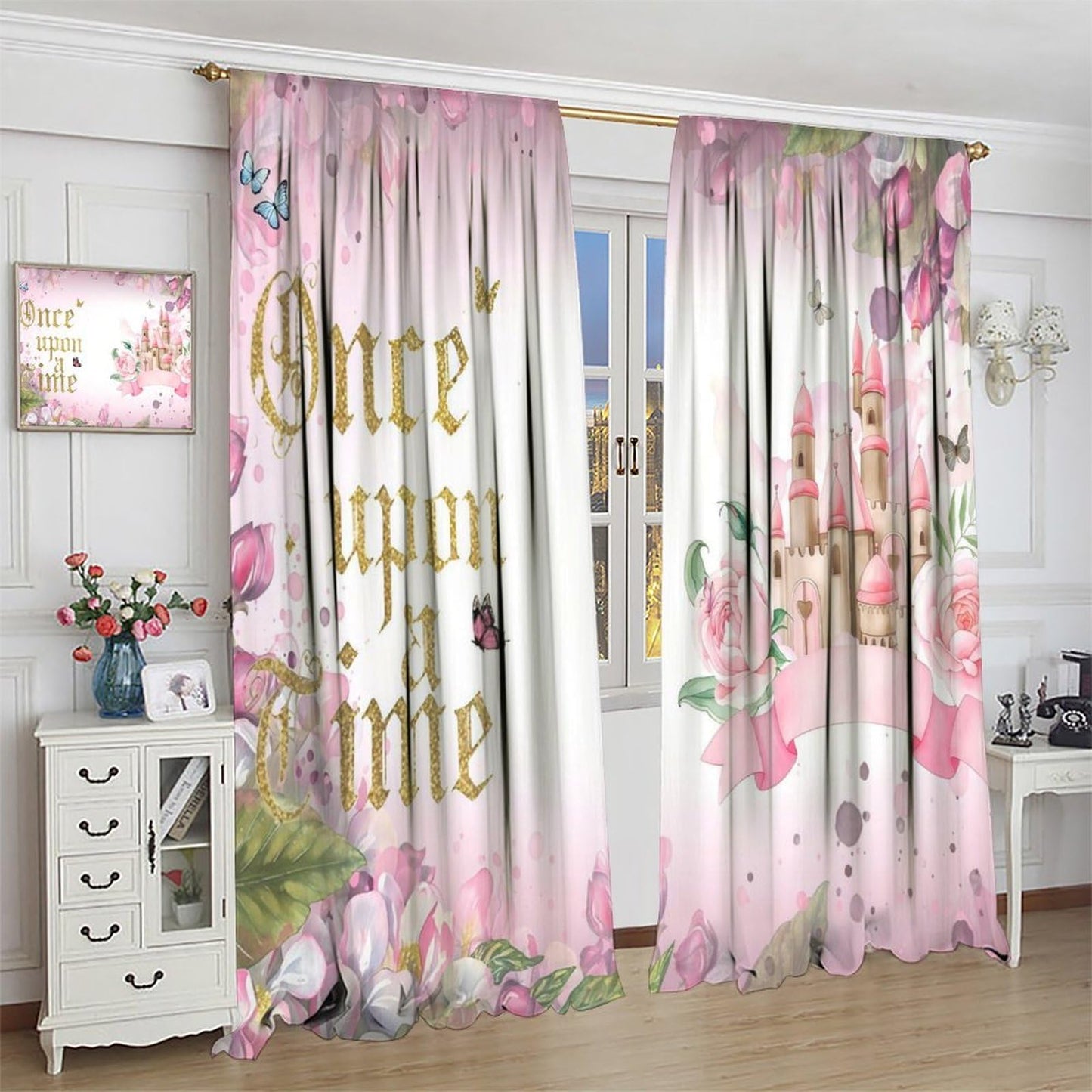 Pink Princess Castle Curtains For Girls Magic Fairy Tale World One Romantic Floral Castle Pattern Rod Pocket Window Treatments for Kids Bedroom Living Dining Room 2 Panels Set 41x 45 in （No Blackout）