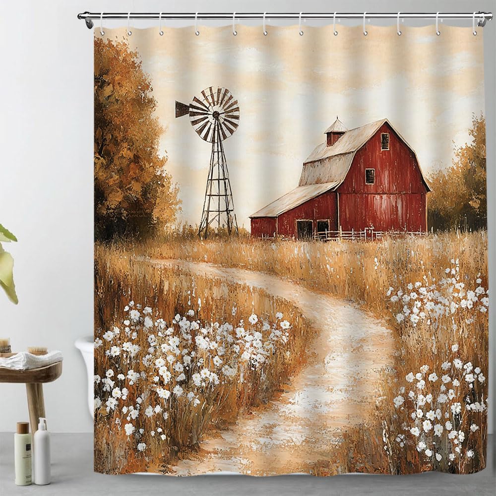 PZMPZM Rustic Barn Windmill Shower Curtain Vintage Western Farm Barn Flower Farmhouse Country Nature Scenery Bathroom Polyester Fabric Curtains with Hooks 70Wx70H Inch