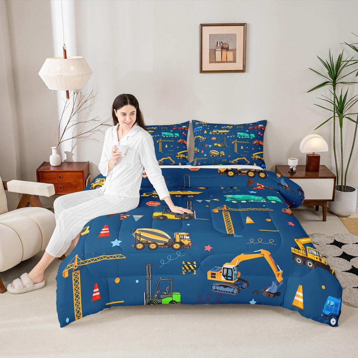 jejeloiu Cartoon Car Kids Comforter Set Twin Size Excavator Bedding Set Construction Duvet Quilt for Kids Boys Girls Bedroom Equipment Trucks Decor Microfiber Ultra Soft Breathable