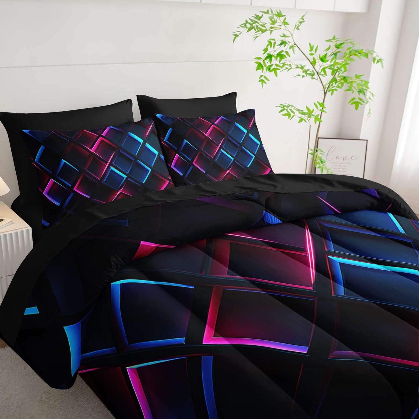 Nttopship Blue Black Geometric Comforter Set Full Size 3D Stereoscopic Square Bedding Set Honeycomb Bedding Set 7 Pieces Modern Style Geometry Decor with Pillowcases,Flat, Fitted Sheet