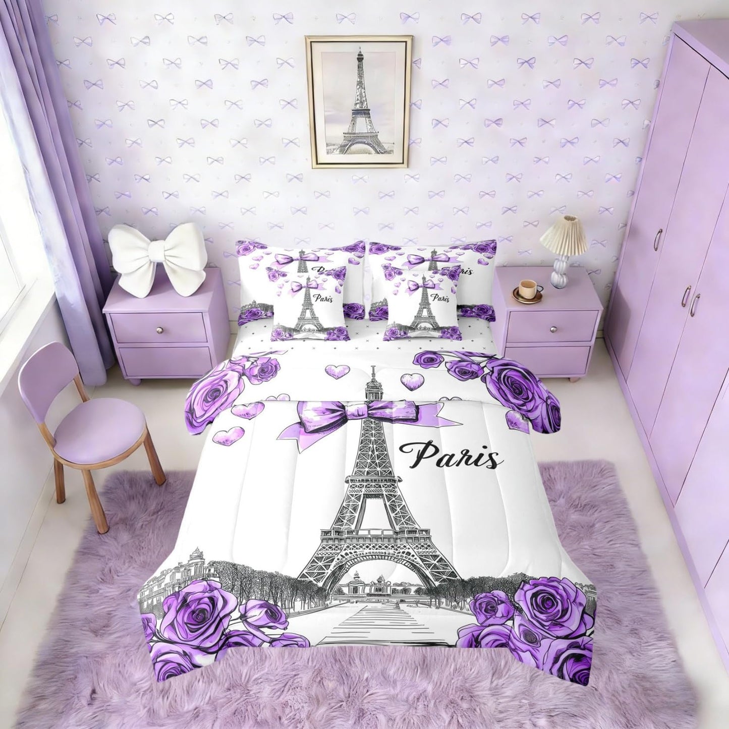 Erosebridal Bow Decor 7 Piece Bedding Set Twin Size Eiffel Tower Bed in A Bag for Kids Girls Rose Floral Comforter with Sheets Preppy Princess Bed Sets