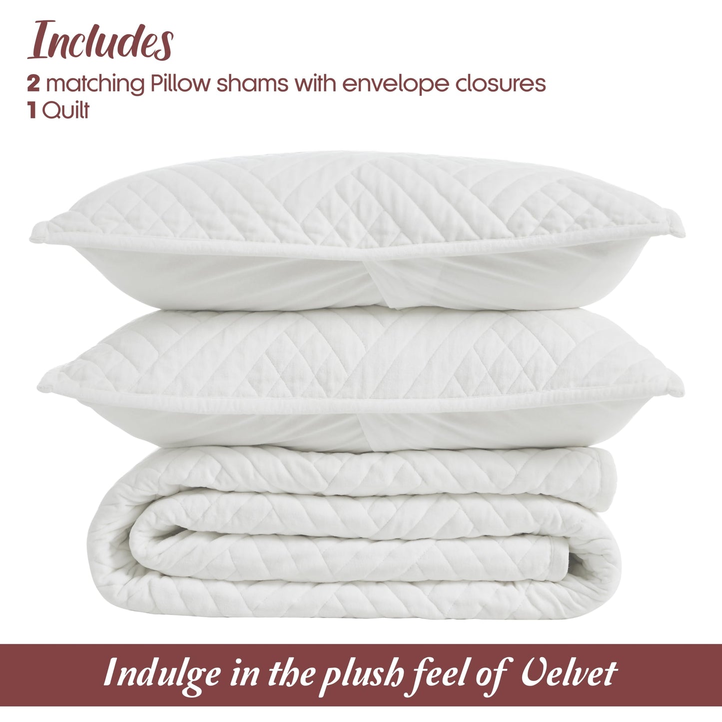 Superior 100% Cotton Velvet 3-Piece Quilt Set, 1 Lightweight Breathable Coverlet, 2 Pillow Shams, Comfy Home Essential Bedding, Cotton Fill, Geometric Aesthetic, Karina Collection, Queen Size, White
