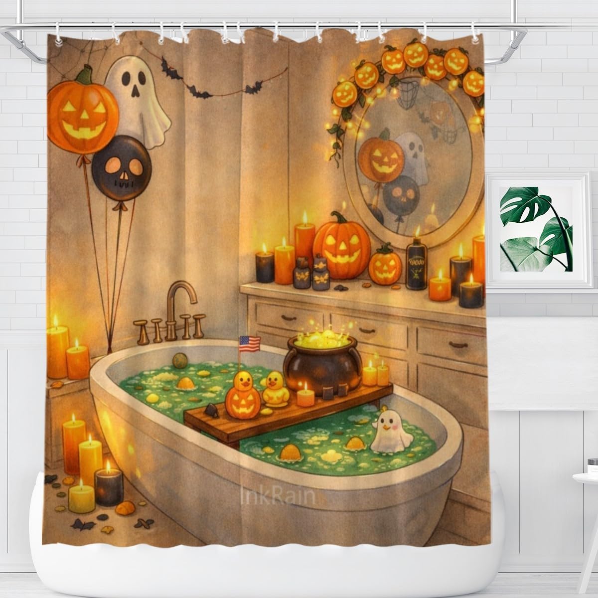 InkRain Halloween Shower Curtain for Bathroom Bathroom Decor Farmhouse Bathtub Decor Fabric Waterproof Bath Curtain 72x80 Inch with 12 Hooks