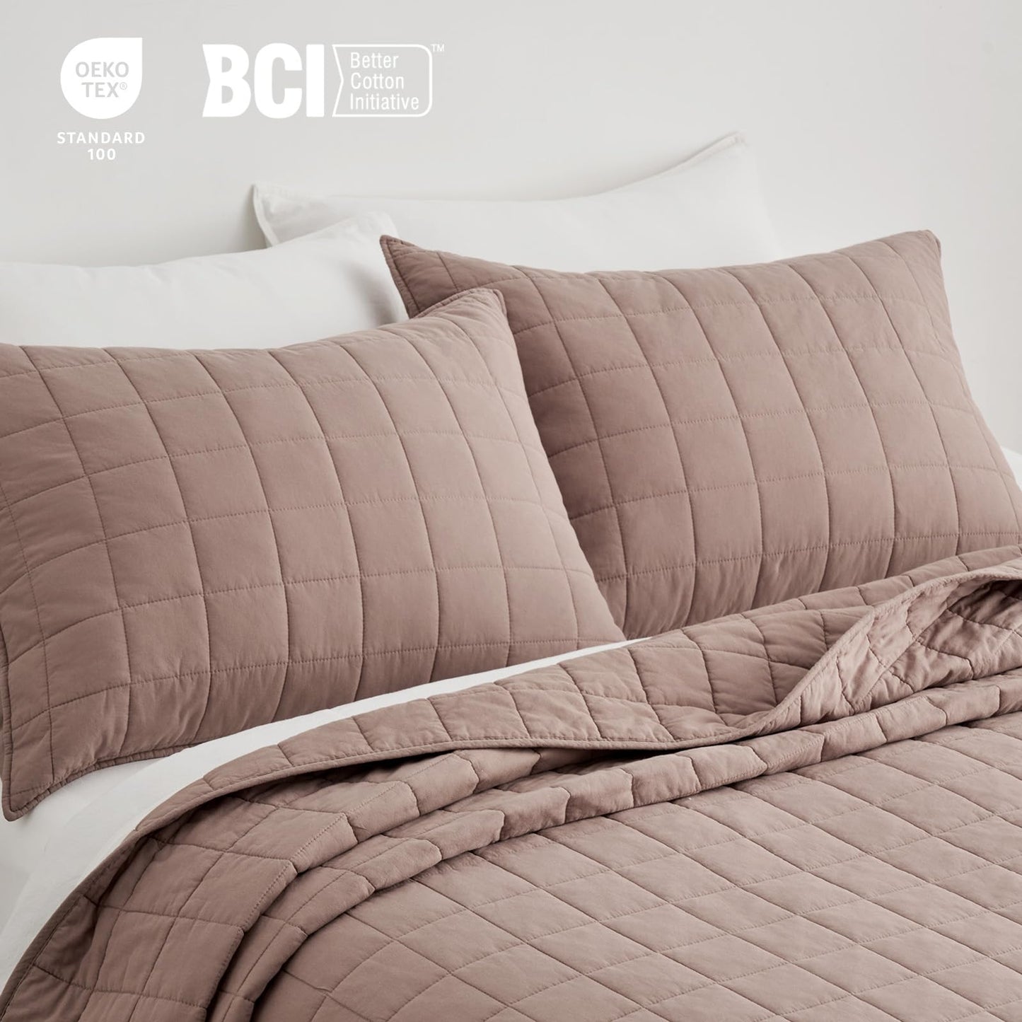 EVERGRACEHOME 100% Cotton Box Stitch Quilt Bedding Set Queen Size 3 Pieces, Garment-Washed Lightweight Soft Cozy Coverlet, Quilted Bedspread Sets with 2 Shams for All Season, Clay