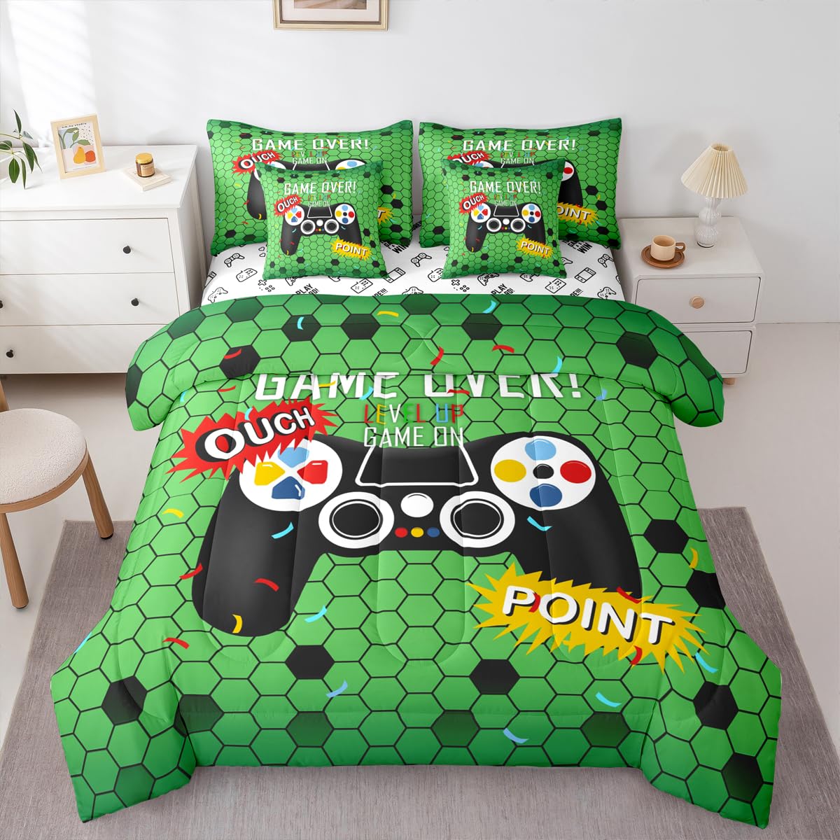 jejeloiu Gamer Comforter Set with Sheets 7 Piece Twin Size Gaming Bedding Set for Kids Boys Girls Game Room Decor Bed in a Bag Room Decor Soft Lightweight Microfiber