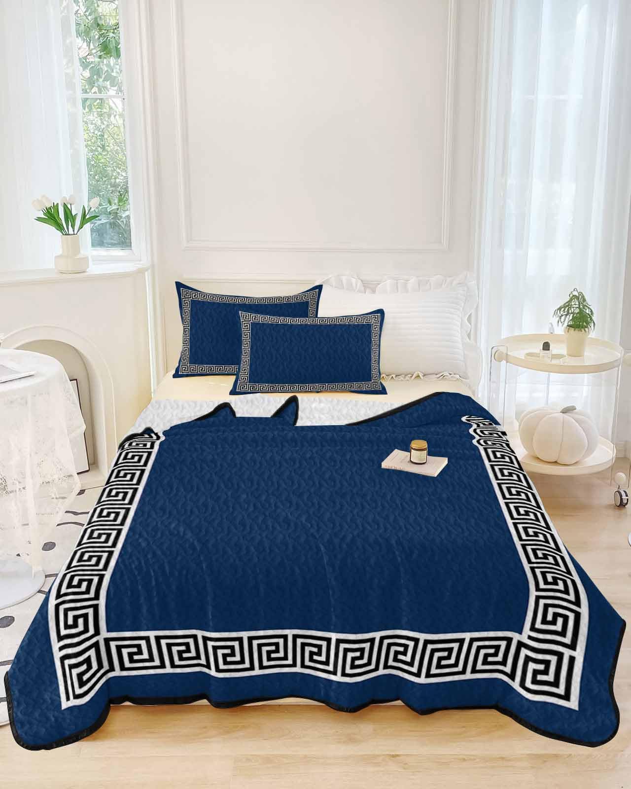 Quilt Sets King Size Geometric Greek Key Design Comforter Set Lightweight Soft Bedspread Coverlet Navy Blue Quilted Bedding Set with 2 Pillowcases Thin Comforter Bed Cover for All Season 98x106