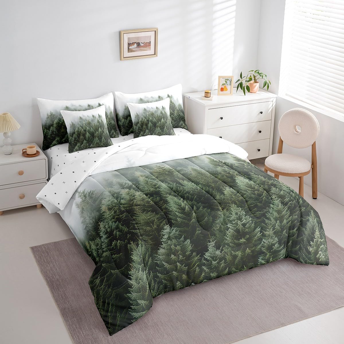 Erosebridal Natural Pineforset Bedding Sets 7 Piece Twin Smoky Mountain Comforter Set Fantasy Fog Magic Tree Bed in A Bag Nature Scenery Theme Quilt with Flat Fitted Sheet for Kids Adults