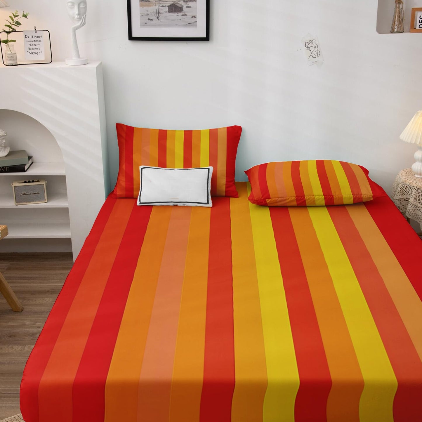 zcsm Queen Sheet Set - Striped Bed Sheets, Burnt Orange and Yellow Stripe Bedding Sheets & Pillowcases, Soft & Deep Pocket & Wrinkle Free Sheet Set, 1 Fitted Sheet, 1 Flat Sheet, 2 Pillow Cases