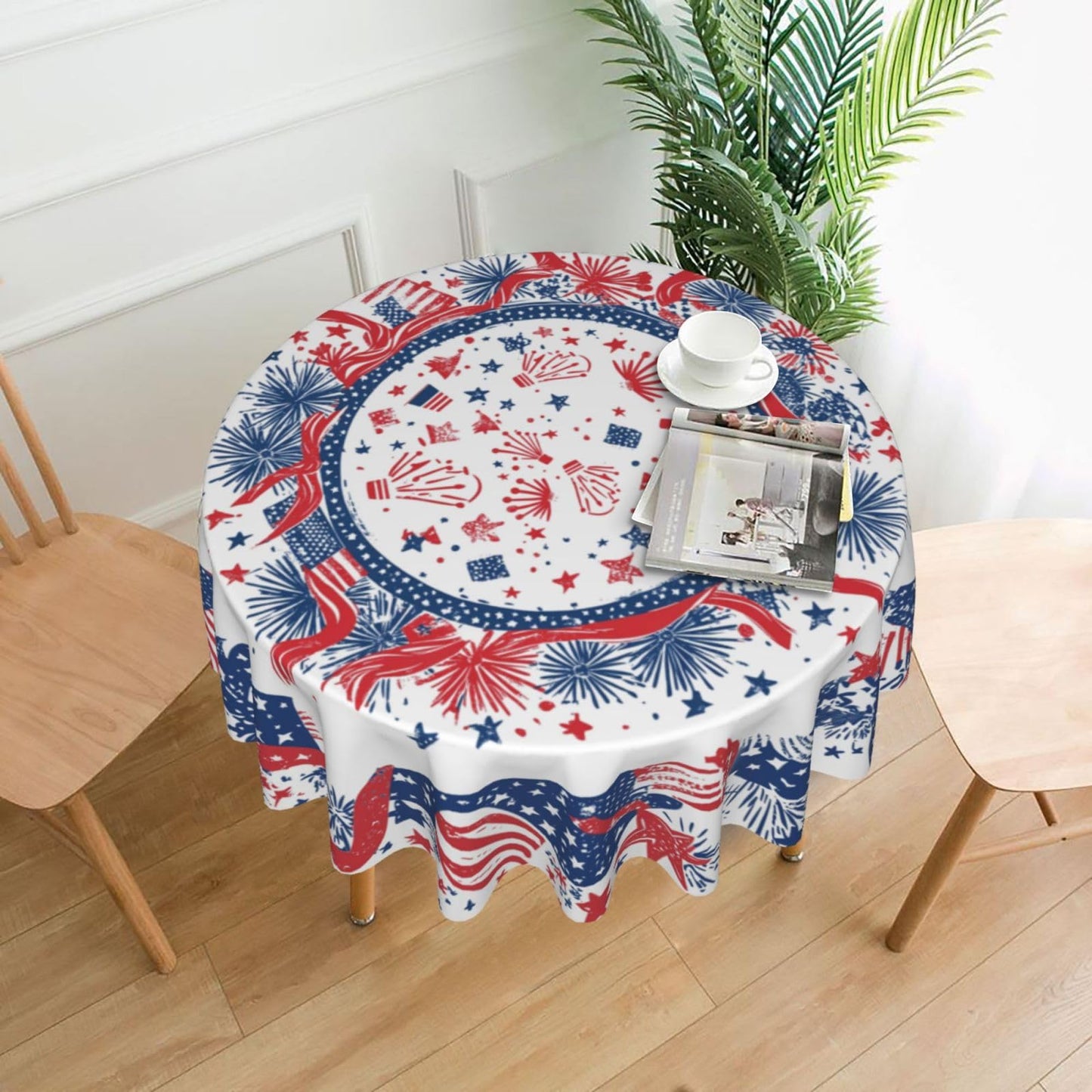 mutakin 4th of July Fireworks Tablecloth Patriotic Round Table Cloth Washable Table Cover for Home Kitchen Party Picnic 60 Inch