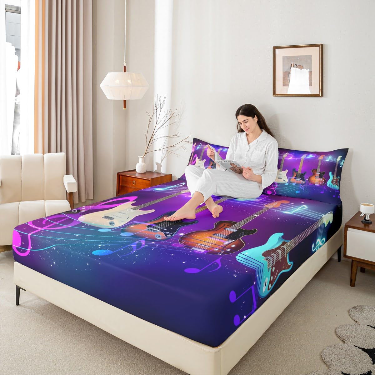 Erosebridal Guitar Bed Sheet Set King Size Colorful Mucical Notes Sheet Set with Deep Pocket for Kids Boys Girls Teens Rock Roll Music Bedding Set Glitter Hiphop Hippie Fitted Sheet Set 3 Pcs