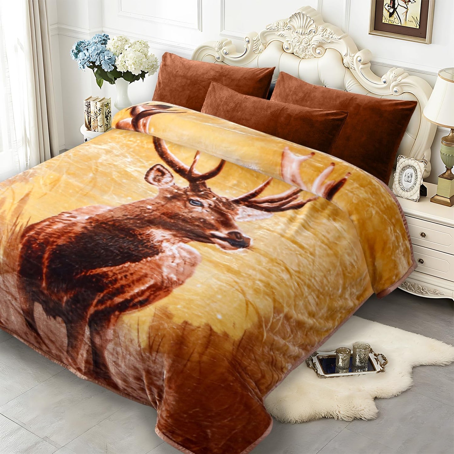 JYK Queen Size Korean Mink Blanket, 5 LB Fleece Bed Blanket - 2 Ply Reversible 520GSM Silky Soft Plush Warm Blanket for Autumn Winter, A&B Pattern Printed, (Queen 75"x87", Deer/Elephant)
