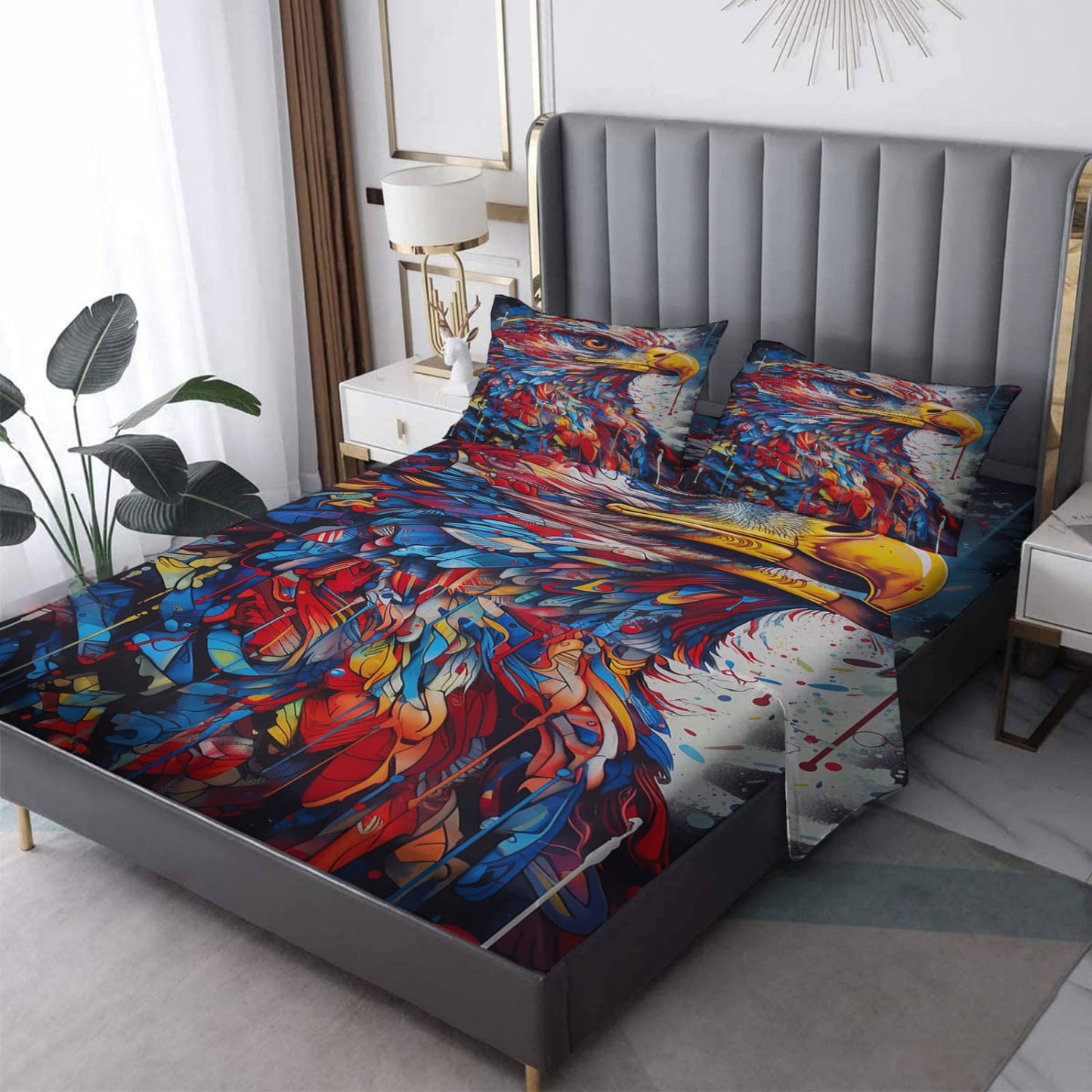 zcwl Queen Sheets Set, Eagle Bed Sheets - Microfiber Bedding Sheets & Pillowcases 4 Piece, Bird Colorful Patterned Sheet Set, 16 Inch Deep Pocket Fitted Sheet, Silky Soft Wrinkle Free