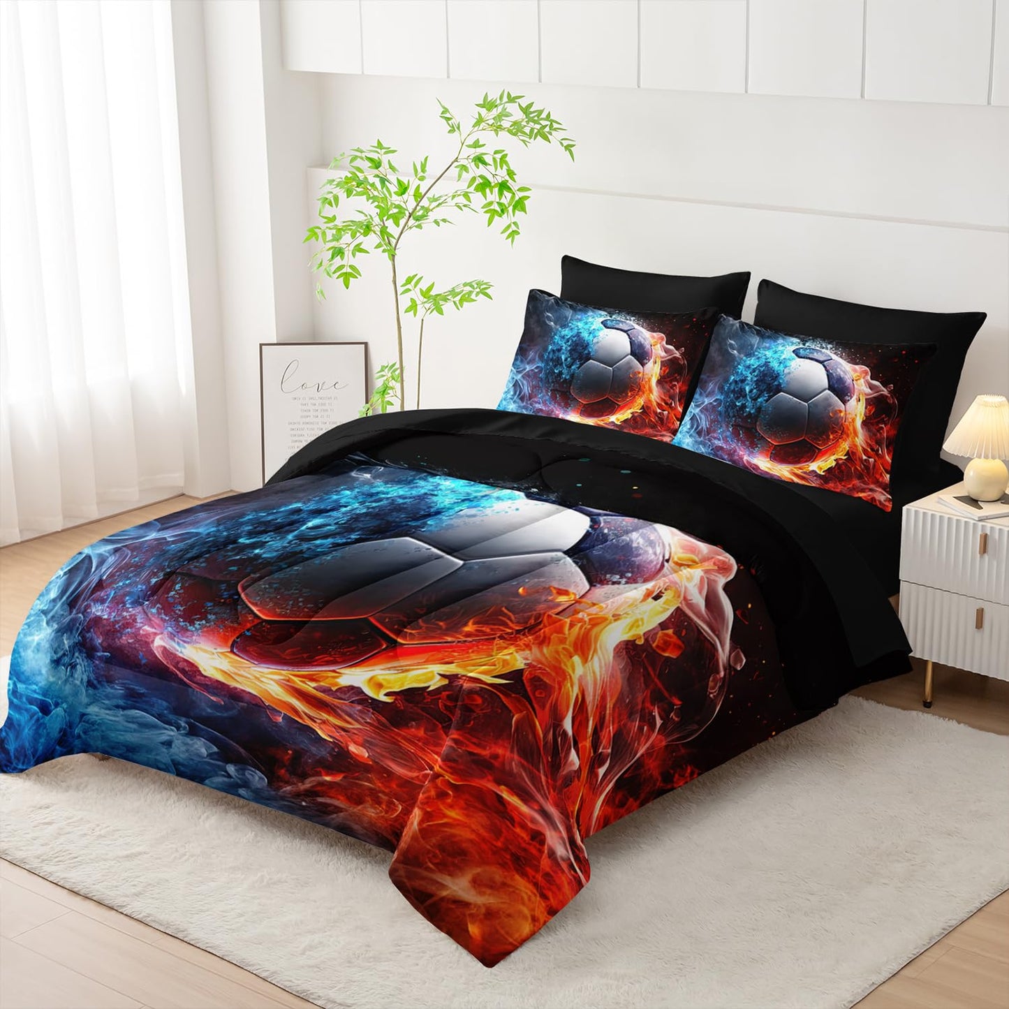 XYNHML Soccer Print Comforter 7Pcs Gaming Sport Soccer Bedding Set for Kid Teen Girl Boy Adult Ball Sports Games Ice Fire Football Quilt Bed Set Twin with 2 Sheets,2 Pillowcases,2 Throw Pillow Covers