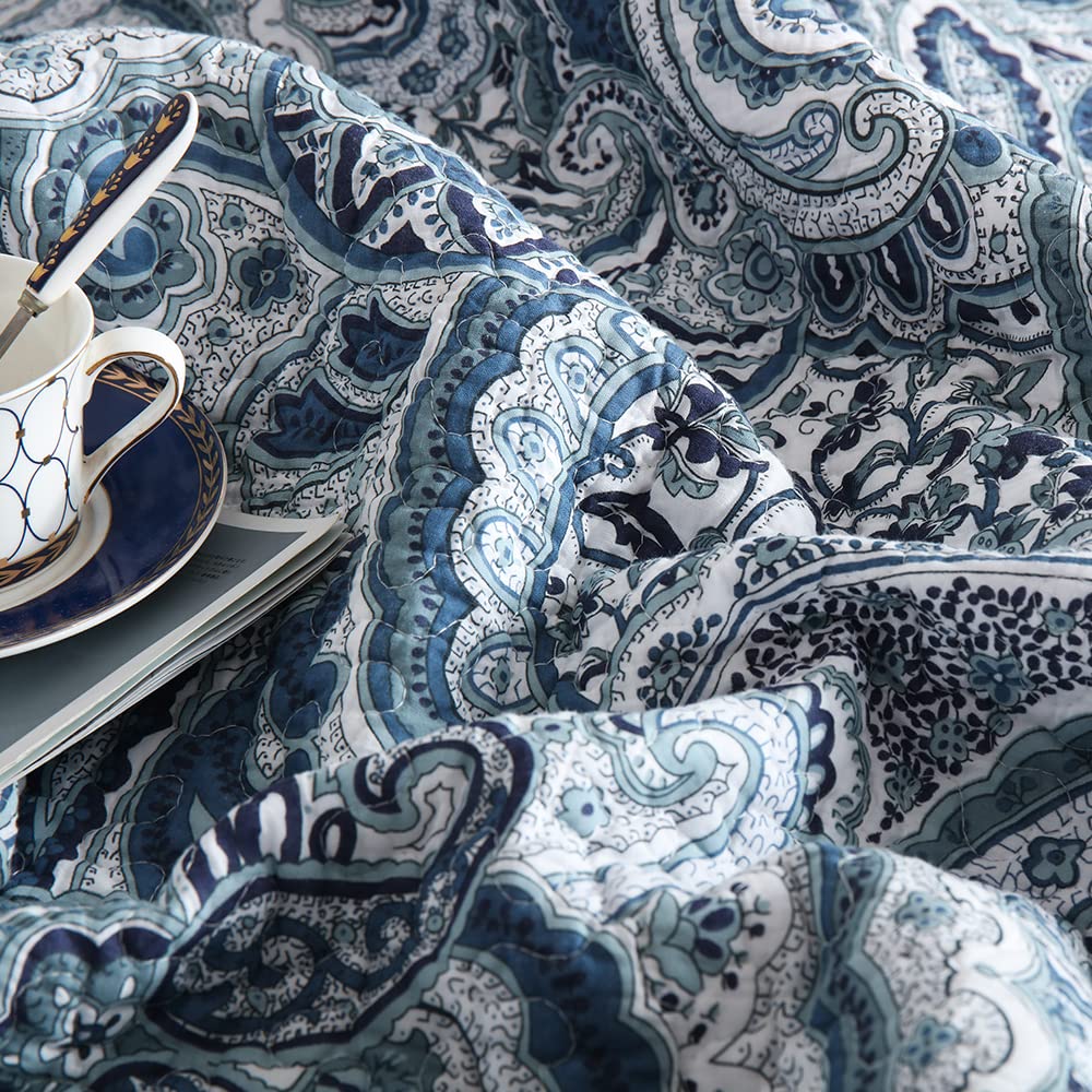 Autumn Dream Cotton Bedspread Quilt Sets, 3 Pieces Reversible Comforter Coverlet Sets,Blue Floral Paisley Bedspread,King Size