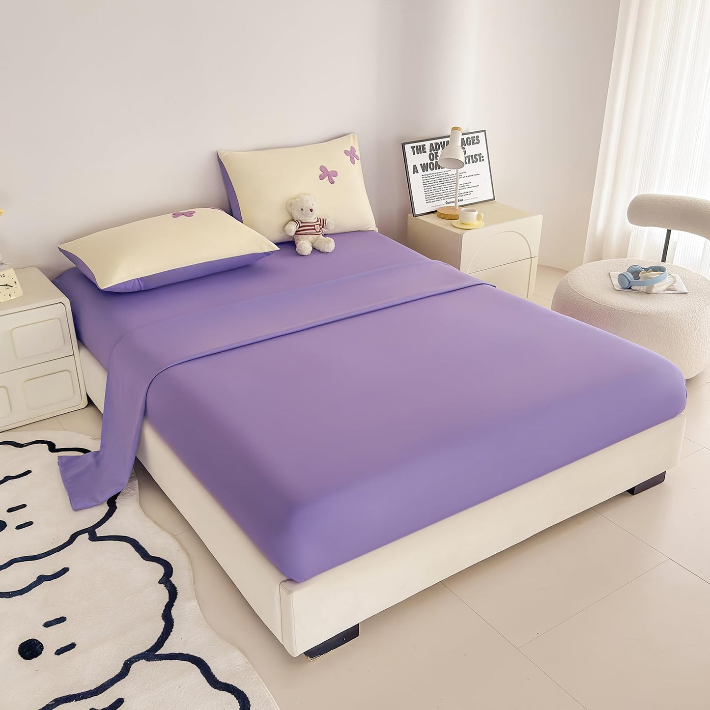 Tailor Shop Queen Size Girls Bedding Set 5 Pieces Pink Bedding Tufted Chenille Bowknot Embroidery White Comforter Girls Purple Comforter