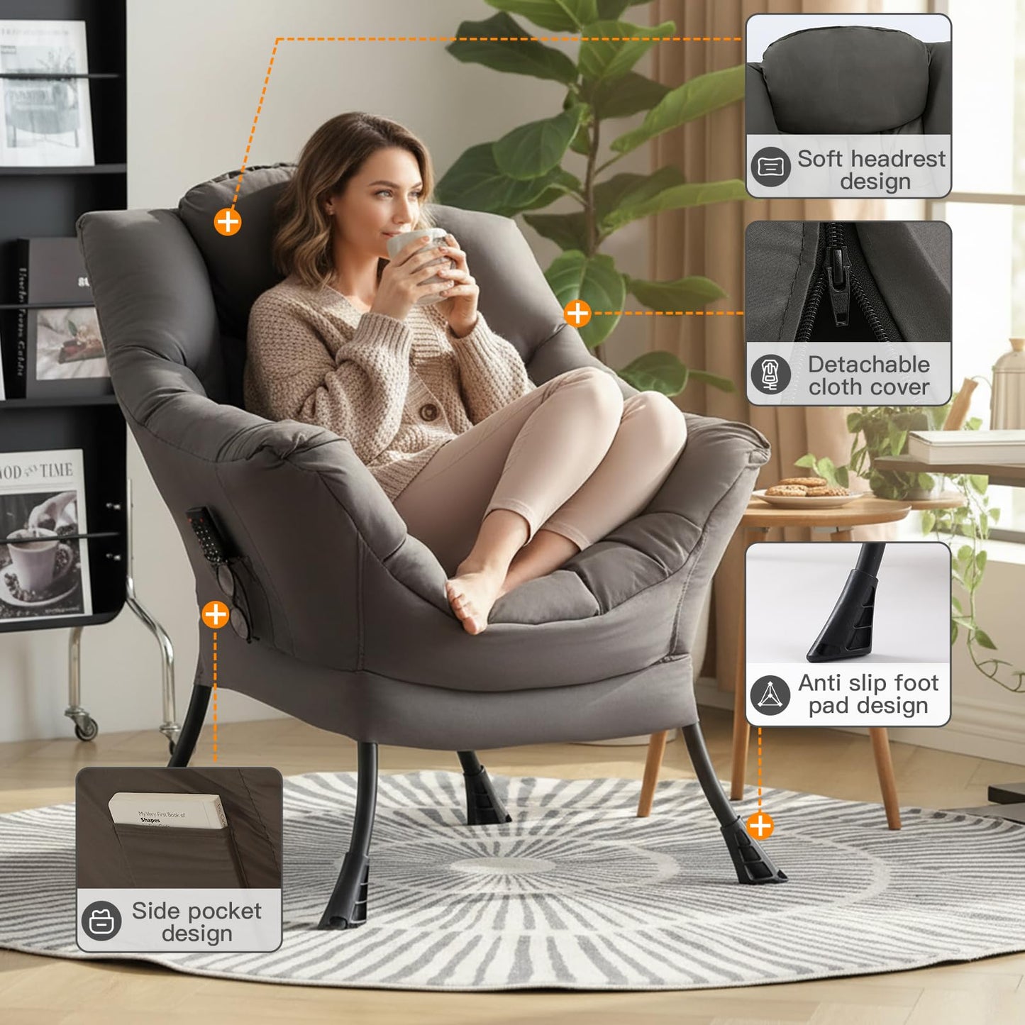 HomEastlly Lazy Chair for Living Room, Large Dark Grey Accent Chair with a Throw Pillow, Leisure Sofa Chair Set, Comfy Reading Chair for Bedroom, Dorm Room, Office