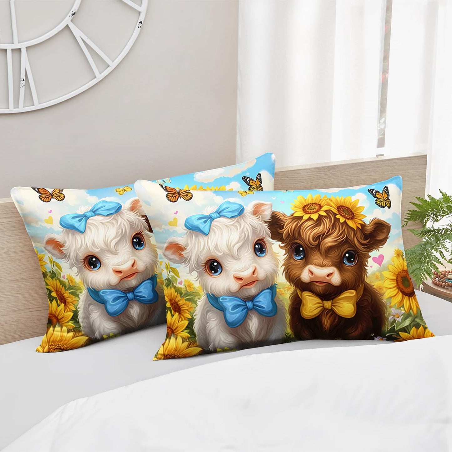 HOSIMA Highland Cow Fitted Sheet Full for Kids,Cute Cows in Sunflowers Field,Butterfly Pattern Animal Themed Kawaii Bedding for Boys Girls Room Decor,1 Fitted Sheet+2 Pillowcases.