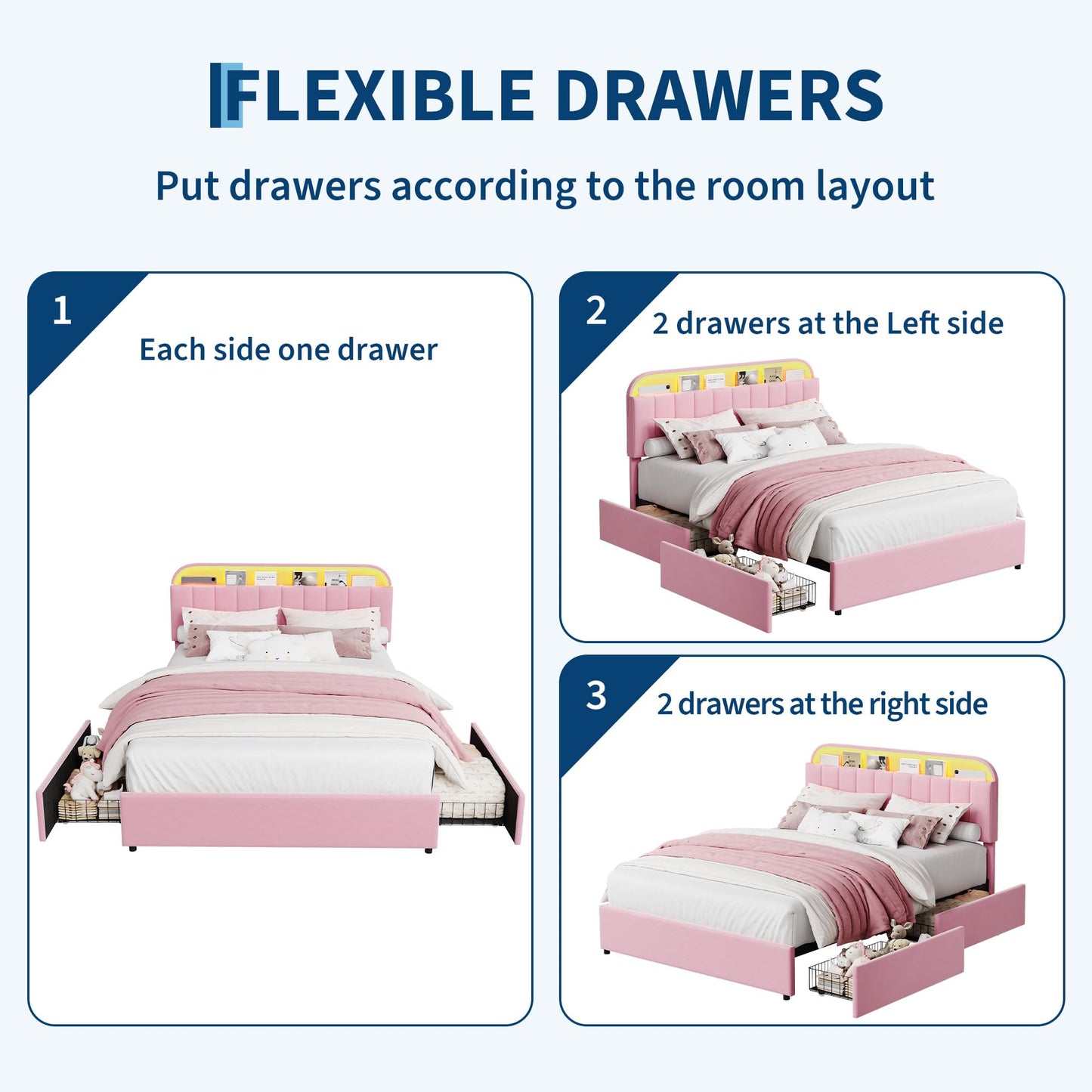 Garvee Full Size Bed Frame with 2 Flexible Drawers, Velvet Upholstered Platform Bed Frame with Bookcase Headboard and LED Lights, Kids Bed for Girls, Easy Assembly, Noise Free, Pink