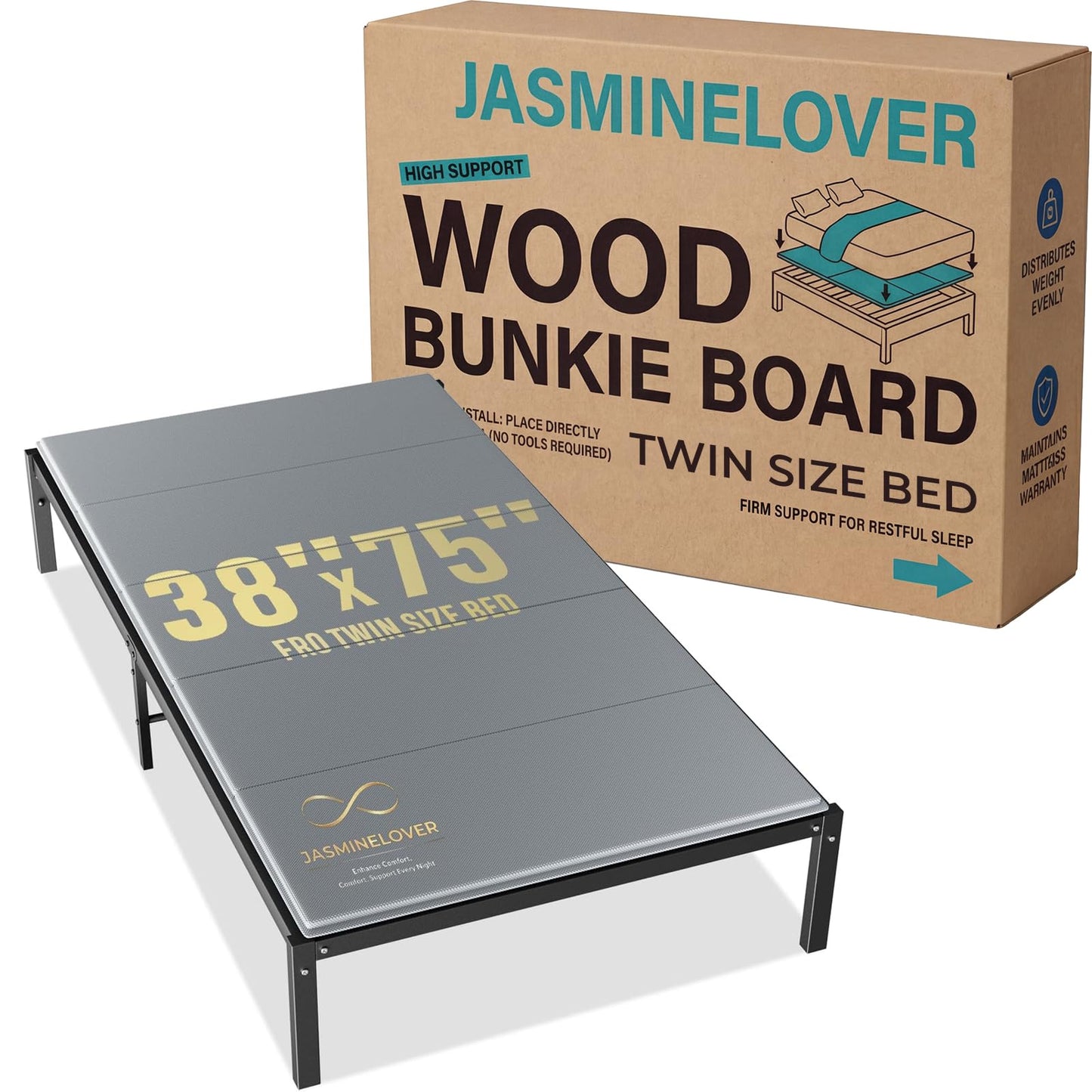 JASMINELOVER Bunkie Board Twin Size 38"x75" Bed Boards for Under Mattress - Heavy Duty Reinforced Wood Support Board with Anti-Sag Design, Fits Metal Frames/Platform Beds/Sleeper Sofas