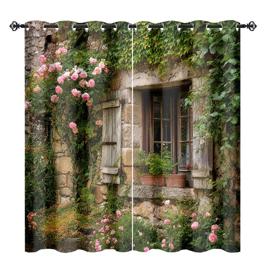 XSUPFLYM Retro Fantasy Stone House Window Perforated Curtains Modern Aesthetic Spring Garden Plant Ivy Flowers Print Thermal Curtains Suitable for Bedroom 2 Panels Each 21" W x 45" L
