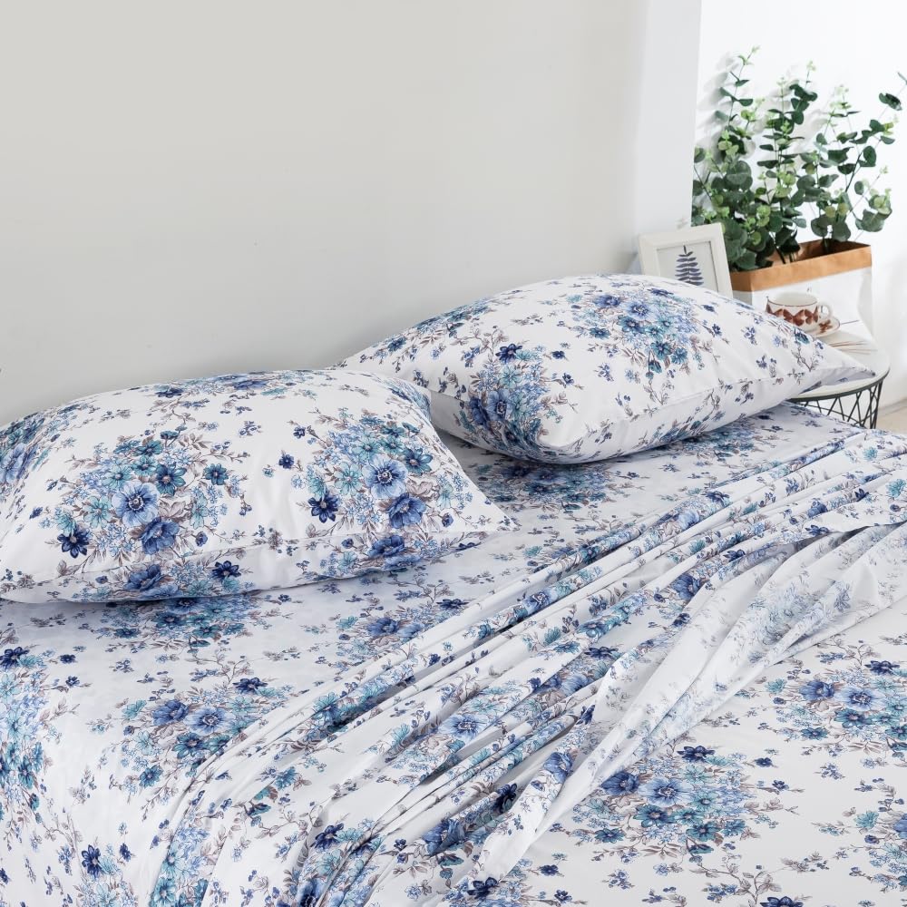 DAUAOTO King Size Printed Sheets Set, 100% Cotton Bedding Sets, Up to 14" Deep Mattress, Floral Pattern Bedlinen Set, French Blue