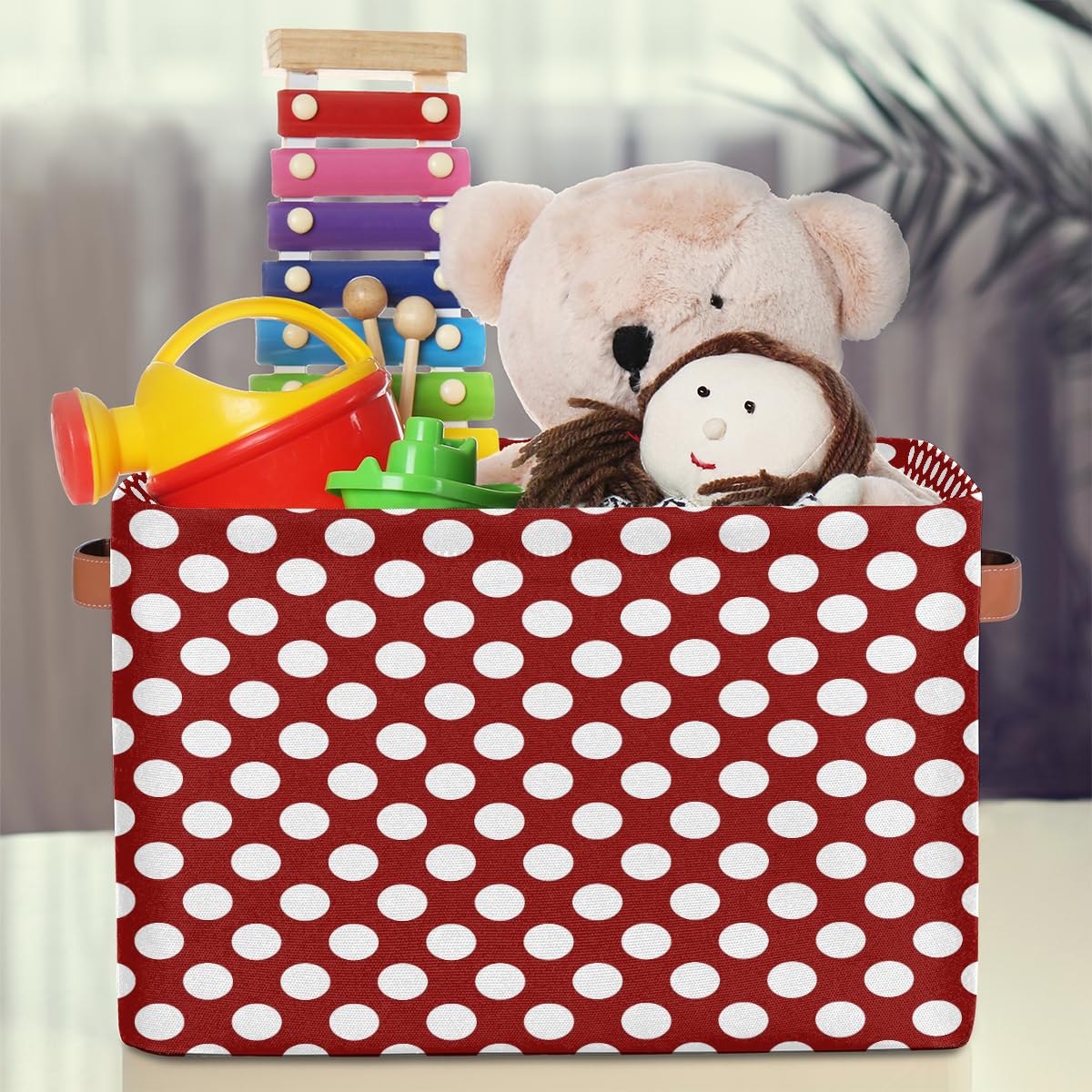 OSAM SPACE Storage Basket Bin Polka Dots Pattern Rectangular Storage Basket Cube With Handles, Red White Laundry Storage Organizer Basket for Toy Nursery Closet Shelves Bedroom Home