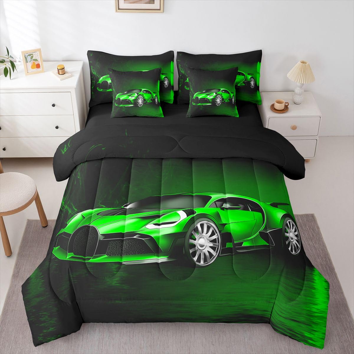 Feelyou Sports Car 7 Piece Bedding Set Green Race Car Comforter Set with Sheets for Kids Boys Girls Extreme Sports Theme Bed in a Bag Cool Speed Luxury Car Decor Bed Set with 2 Pillowcases Queen