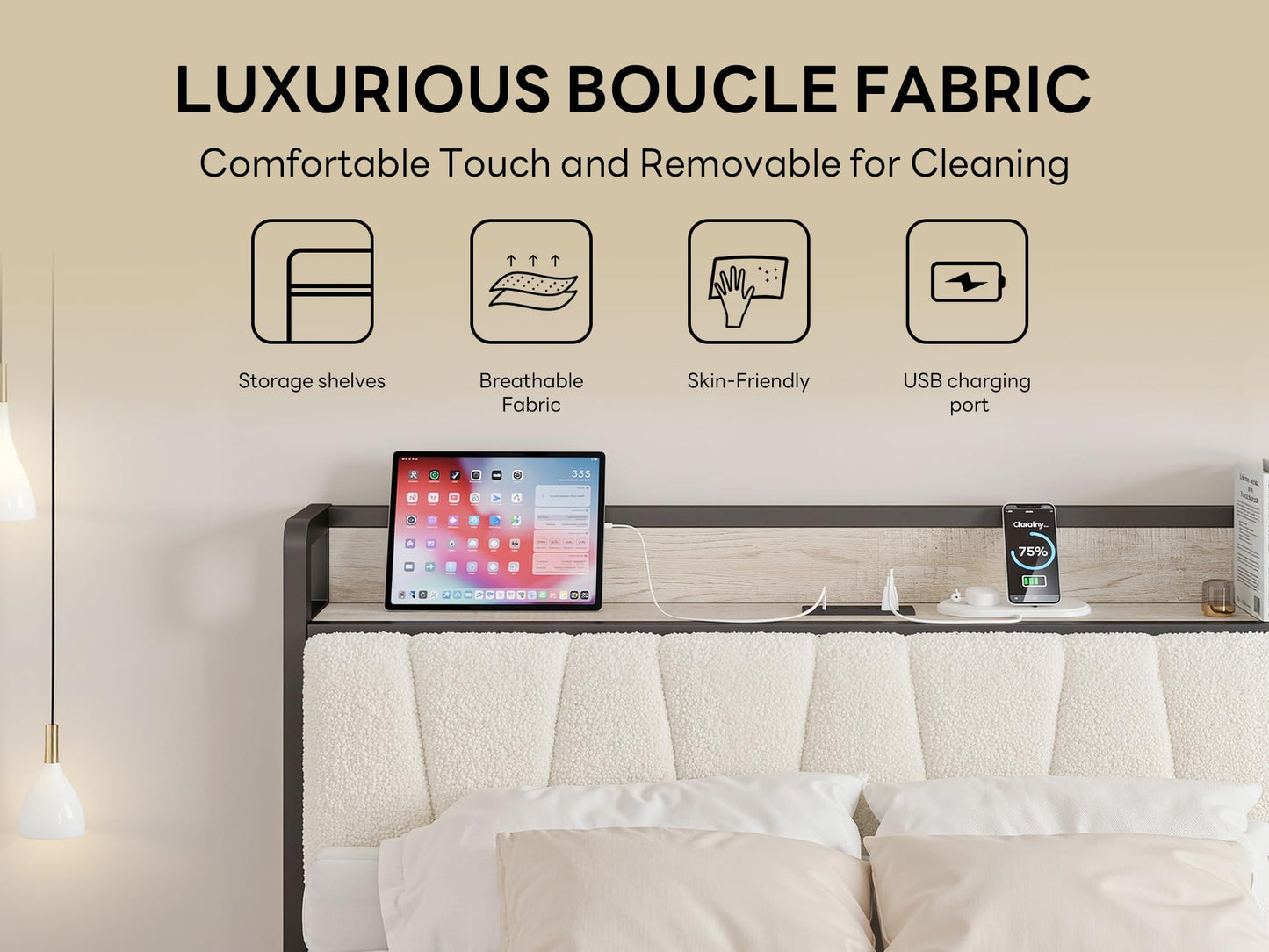 LIKIMIO Full Bed Frames, Bouclé Storage Headboard with Charging Station, Solid and Stable, Noise Free, No Box Spring Needed, Easy Assembly