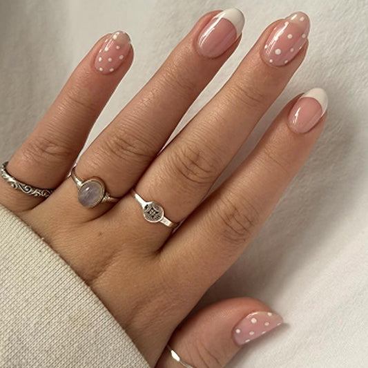 Short Oval Polka‑Dot Press‑On Nails — Nude Pink Translucent Base, White Smile Tips & Polka Dots, Reusable Full‑Cover False Nails, Salon‑Quality, Easy‑Apply Tabs — Ideal for Women & Girls