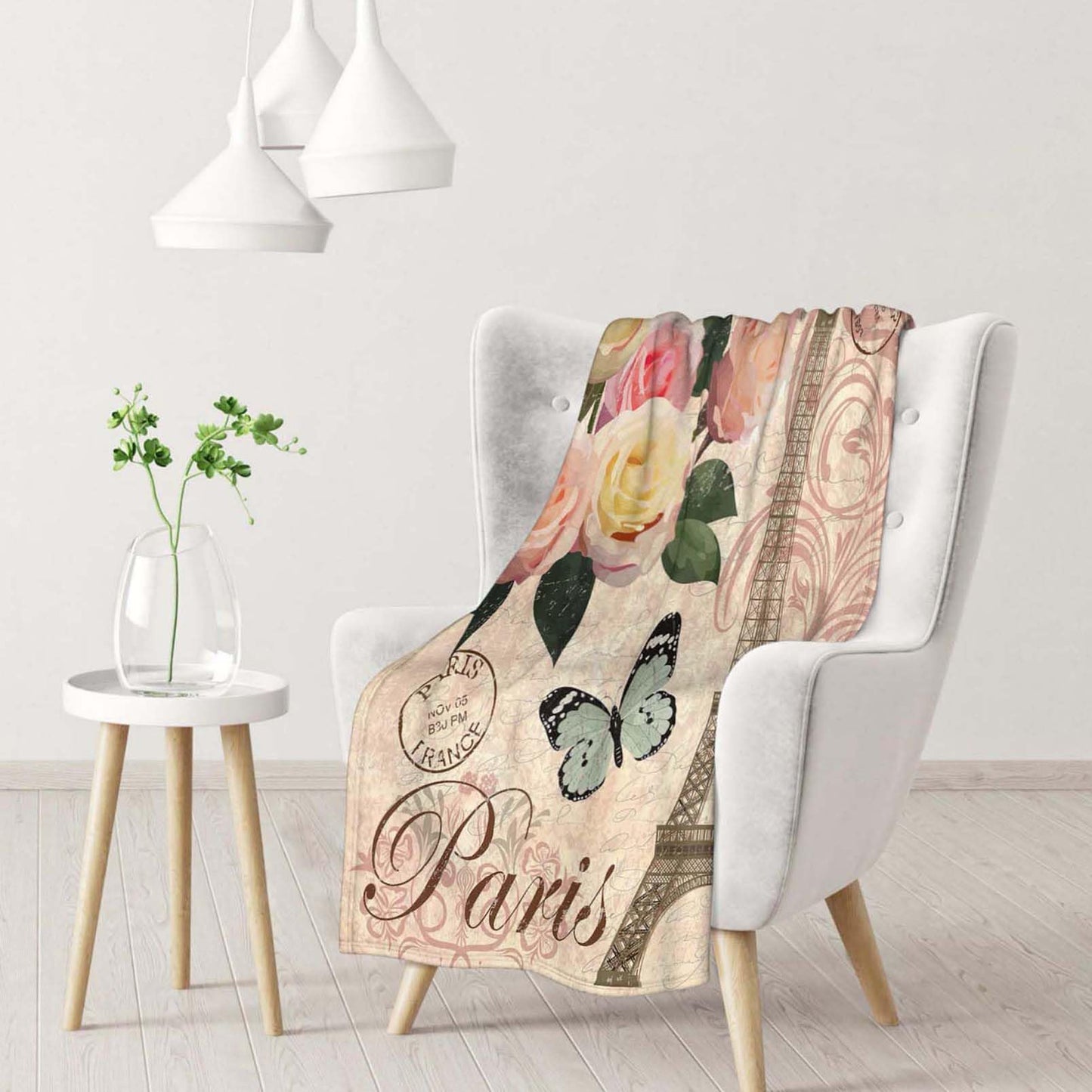 Throw Blanket 60x80 Inch,Vintage Paris Flower Eiffel Towel Rose Cozy Soft Lightweight Fuzzy Flannel Blanket 80x60 Inch Suitable for Couch Bed Sofa Living Room in All Seasons
