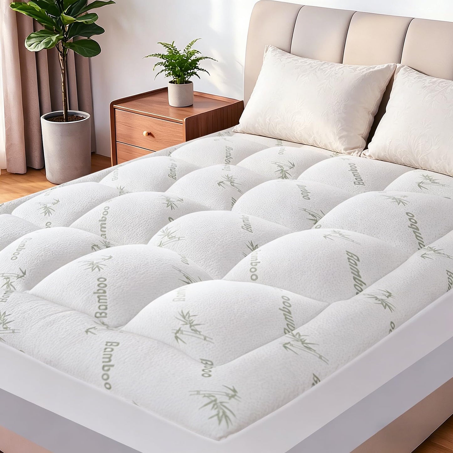 Exruby Luxury Queen Mattress Topper - 40% Viscose Derived from Bamboo - Extra Thick Pillow Top Mattress Pad with 8-20 Inch Deep Pocket, Breathable Jacquard Surface for Back Pain Relief(White)