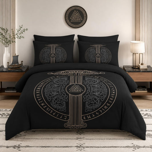 Pamnest Comforter Set Queen Size, Tree Viking Norse 7 Pcs Bedding for Kids and Adults, Dragon Medieval Gothic Bed Sheet Sets with Fitted Sheet 2 Pillowcases & 2 Shams for Bedroom Bed Decor