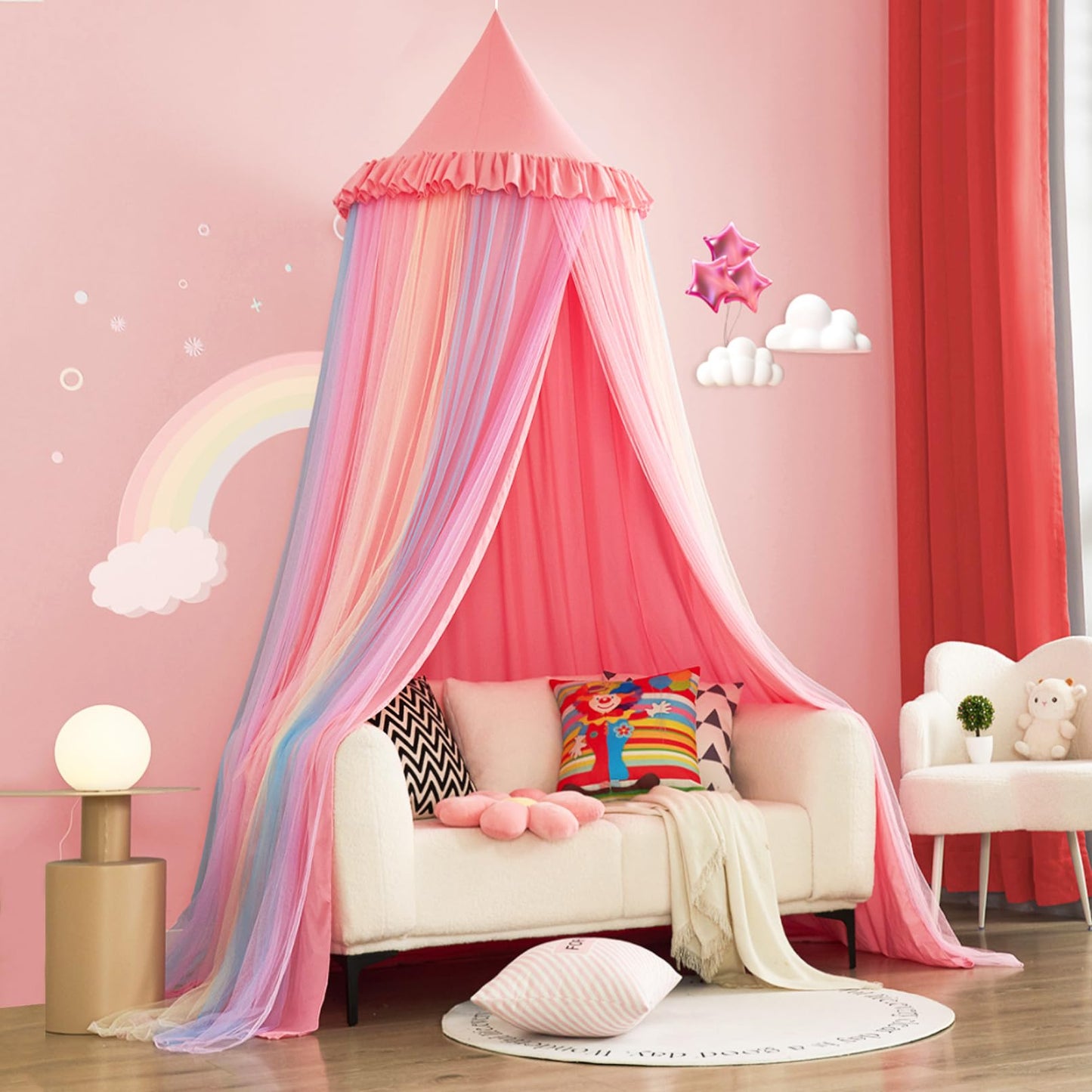 Kertnic Rainbow Bed Canopy for Girls Dreamy Mosquito Net for Bed Round Dome Princess Bed Canopy Girl Room Play Tent Canopy Bed Netting Curtains, 31.5inch Large Dome (Nordic Pink Rainbow)