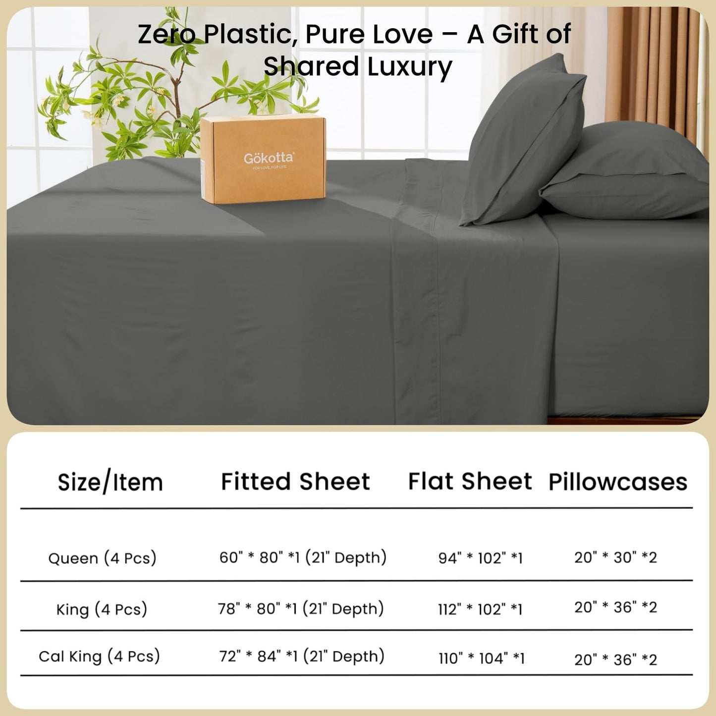 GOKOTTA 4-Pcs Queen Sheet Set, 18"-21" Extra Deep Pocket, Non-Slip Elastic Corner Straps, Washed & Brushed Microfiber Polyester, Ultra Soft, Hotel Luxury, Breathable, Wrinkle-Free, Anti-Rip-Dark Grey