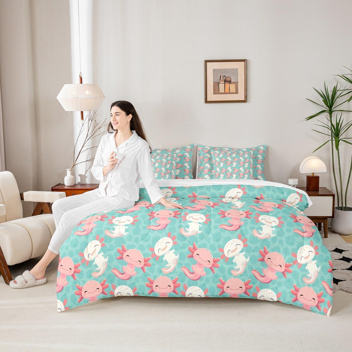 Erosebridal Cute Axolotl 7 Piece Bedding Set Twin Salamander Comforter Set with Sheets Kawaii Animal Bed in A Bag Wildlife Pet Bed Sets with 2 Pillowcases, 2 Throw Pillow Covers