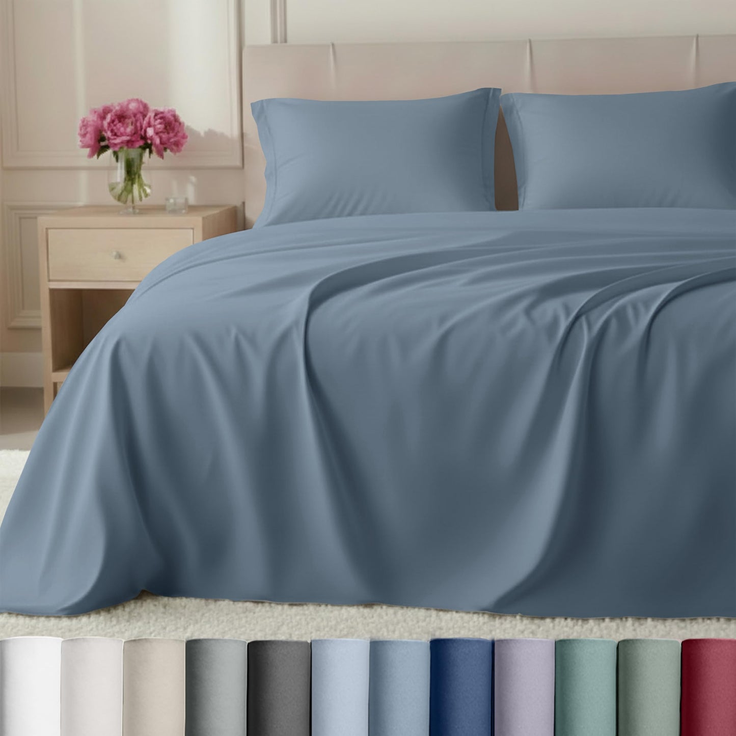 California Design Den Luxury 100% Cotton Sateen - Buttery Soft 800 Thread Count Queen Bed Sheet Set, Durable Deep Pocket Sheet Set - Dusty Blue