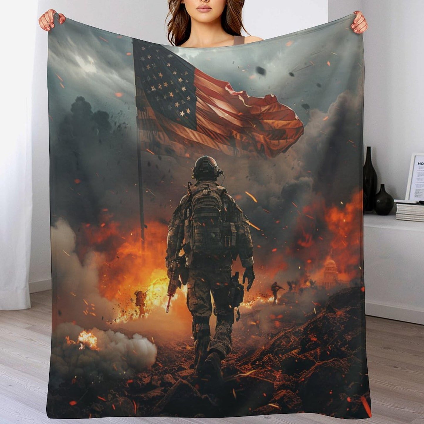 TOWINSFB American Flag Soldier Flannel Throw Blanket, Soft Lightweight Cozy Warm Vintage Military War Theme Blanket for Couch Bed Travel- 30"x40"