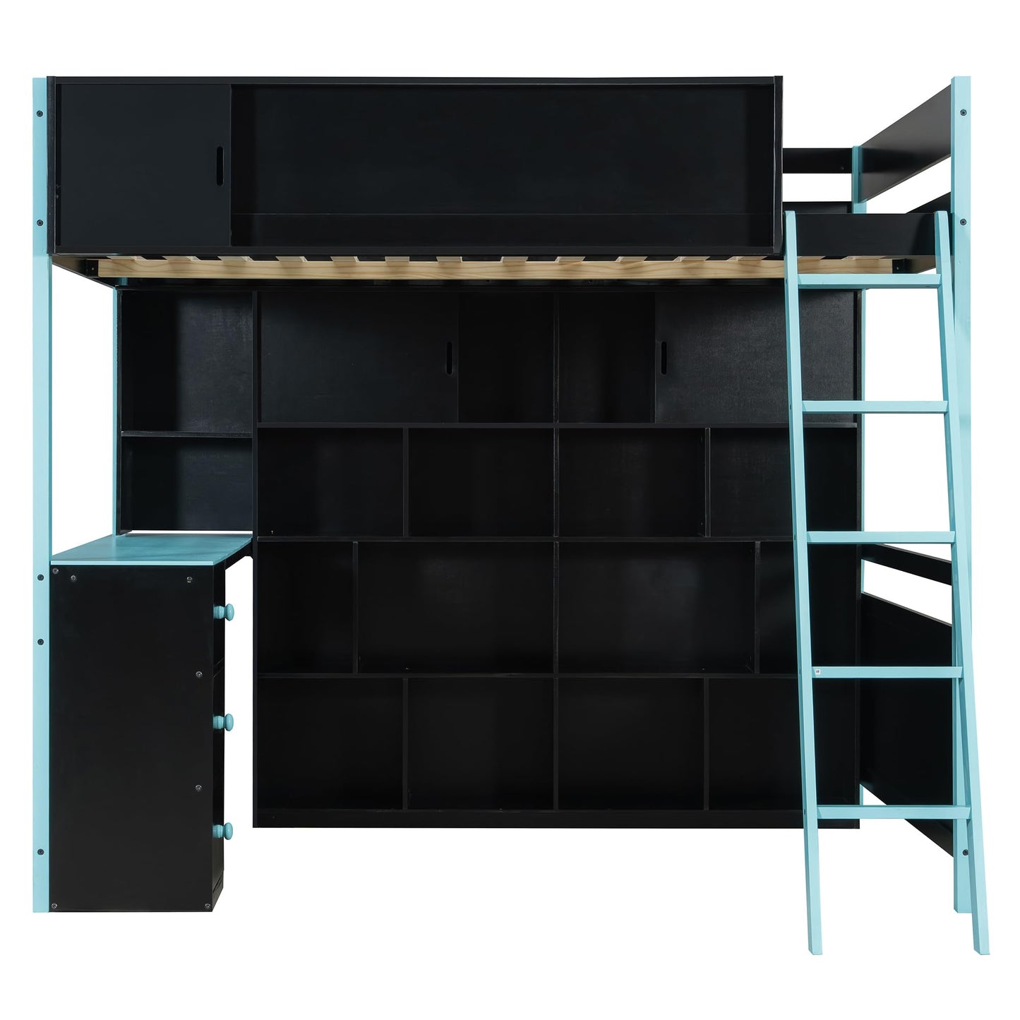 HRJHLucky Full Size Wood Gaming Loft Bed Frame with Desk, Ample Storage Space and Light for Bedroom (Blue)