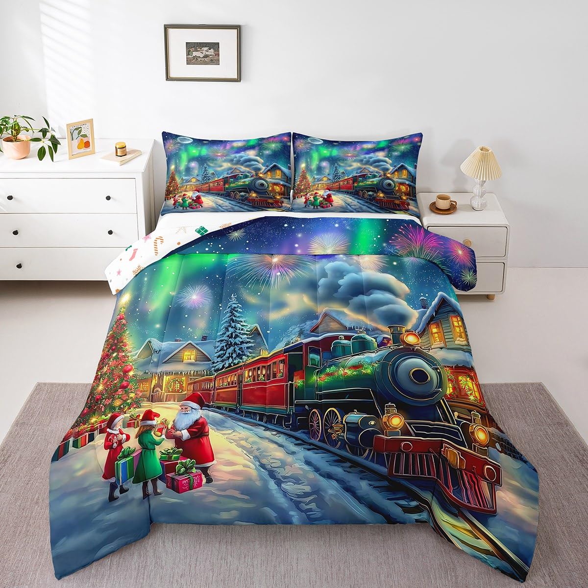 Erosebridal Aurora Train Twin Comforter Set,Steam Train Bedding Set Xmas Gifts for Boys Girls Kids,Christmas Tree Santa Claus Quilt Bed Set Winter Scene Bed Comforter Set 2Pcs Bedroom Decor