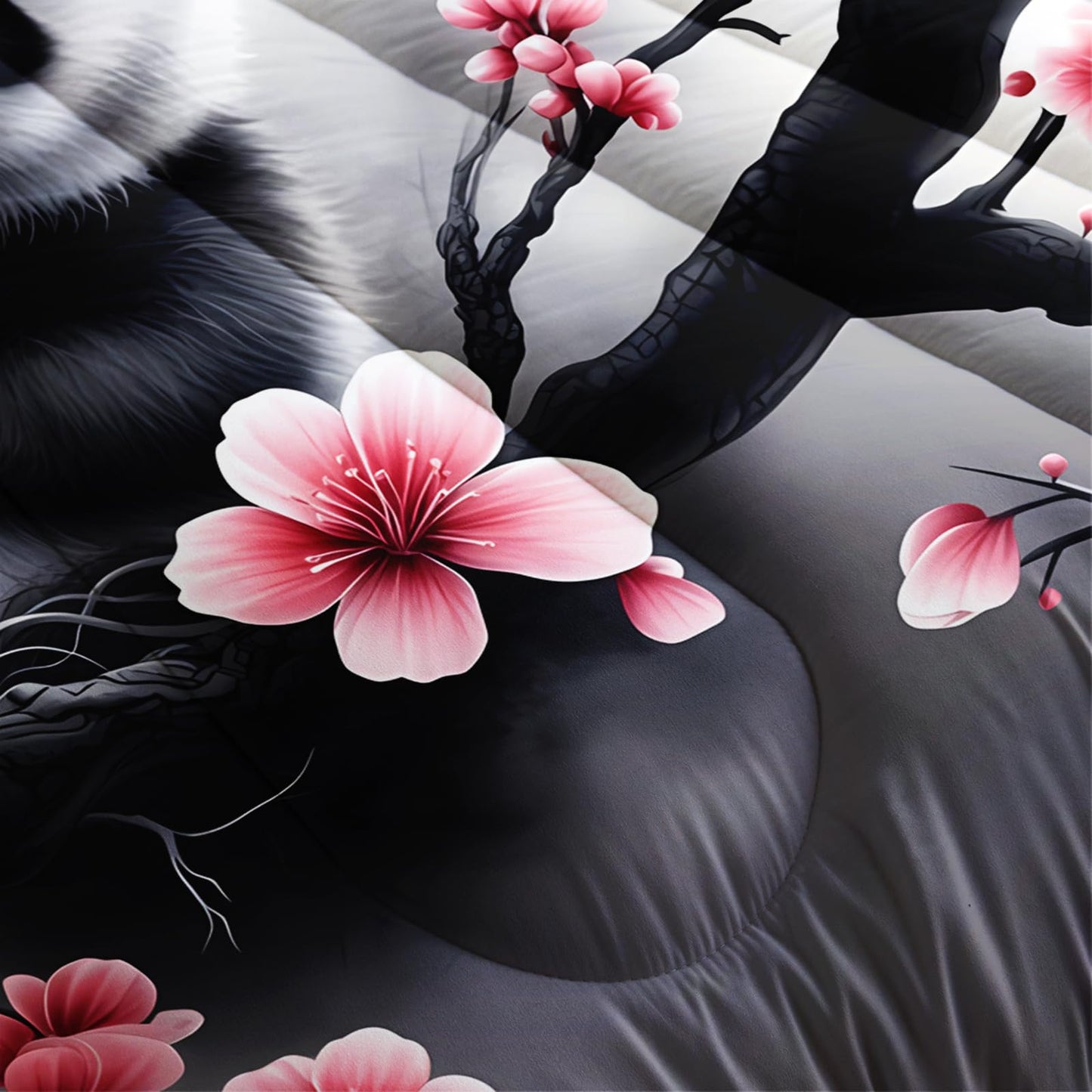 HOSIMA Panda Twin Comforter,Cute Panda Sitting Surrounded by Flowers on Branches,Gray White Ink Background Pattern Animal Bedding for Kids Boys Girls Room Decor,Cute Bedding with 2 Pillowcases.