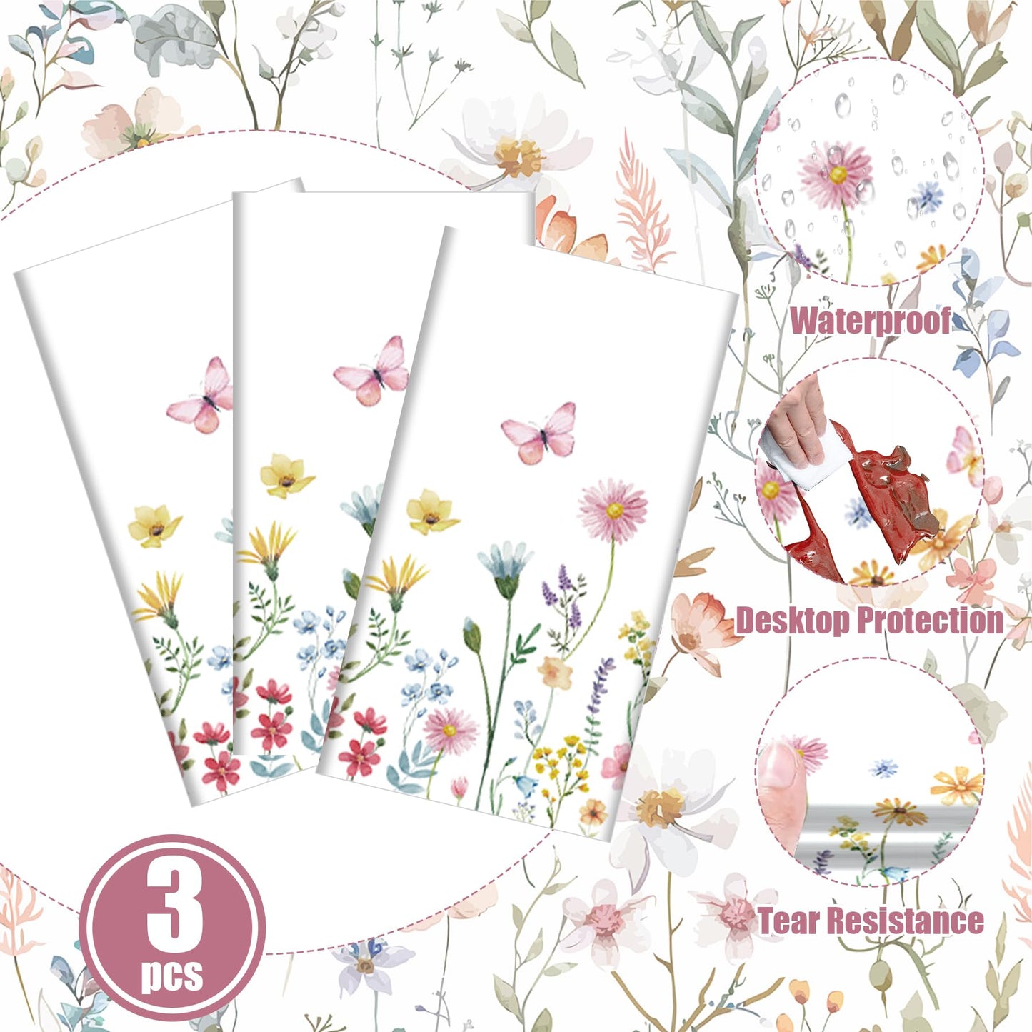 Lianxuia 3Pcs Spring Floral Tablecloth, 54 x 108 Inch Butterfly Wildflower Plastic Table Cover, Disposable Flower Themed Table Cloth for Wedding, Mothers Day, Tea Party Decorations