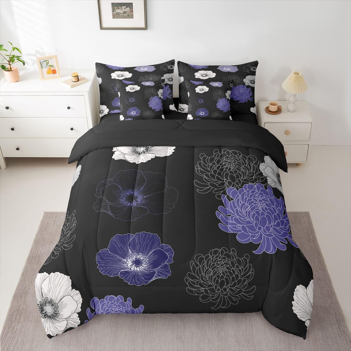 Feelyou Floral Flower 7 Piece Bedding Set Black Purple Comforter Set with Sheets for Kids Boys Girls Poppy Flower Hydrangea Bed in a Bag Damask Print Bed Set Soft Lightweight