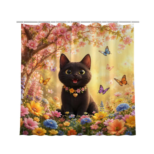 REZHOCH Nature Cozy Funny Black Cat Shower Curtain 72x72Inch,Cute Animal Forest Woodland Home Bathroom Decor,Colorful Flowers Butterfly Kids Adult Farmhouse Bath Set with Hooks