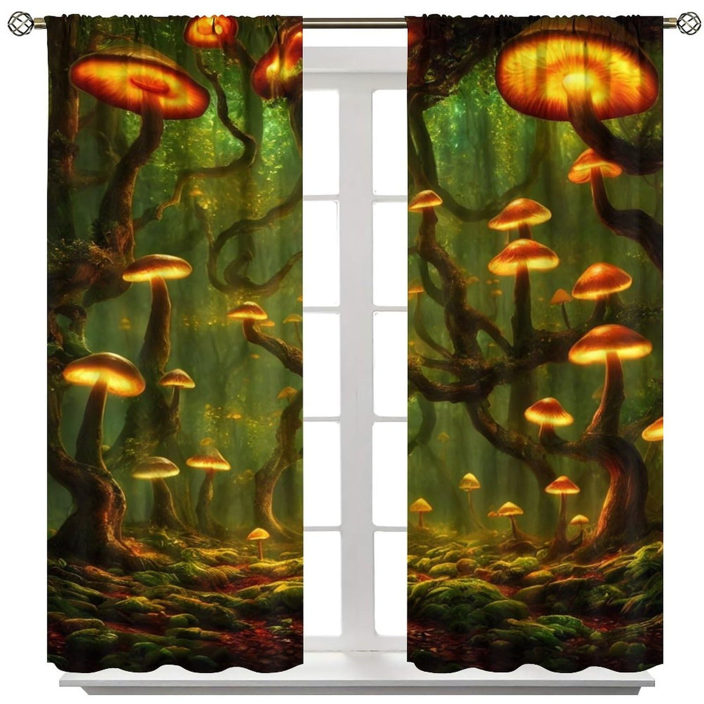 Fantasy Mushrooms Blackout Curtains,Forest Misty Jungle Background Gothic Style Room Darkening Door Window Rod Pocket Curtain for Living Room Bedroom W42xL45in